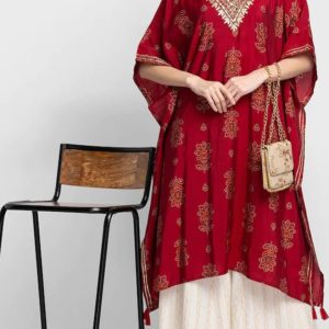 women maroon bandhani printed flared sleeves thread work kaftan kurta